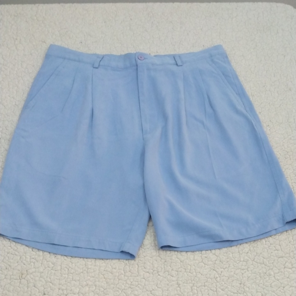 Bobby Chan Sky Blue Silk/Cotton Flat Front Shorts  36